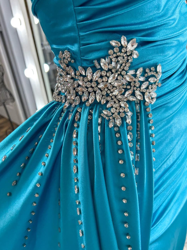 Elegant Blue A Line Straps Beaded Satin Slit Long Prom Dress Evening Dress SH6780