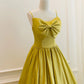 Simple Spaghetti Strap Bow Yellow Satin Tea Length Homecoming Dress SH1742