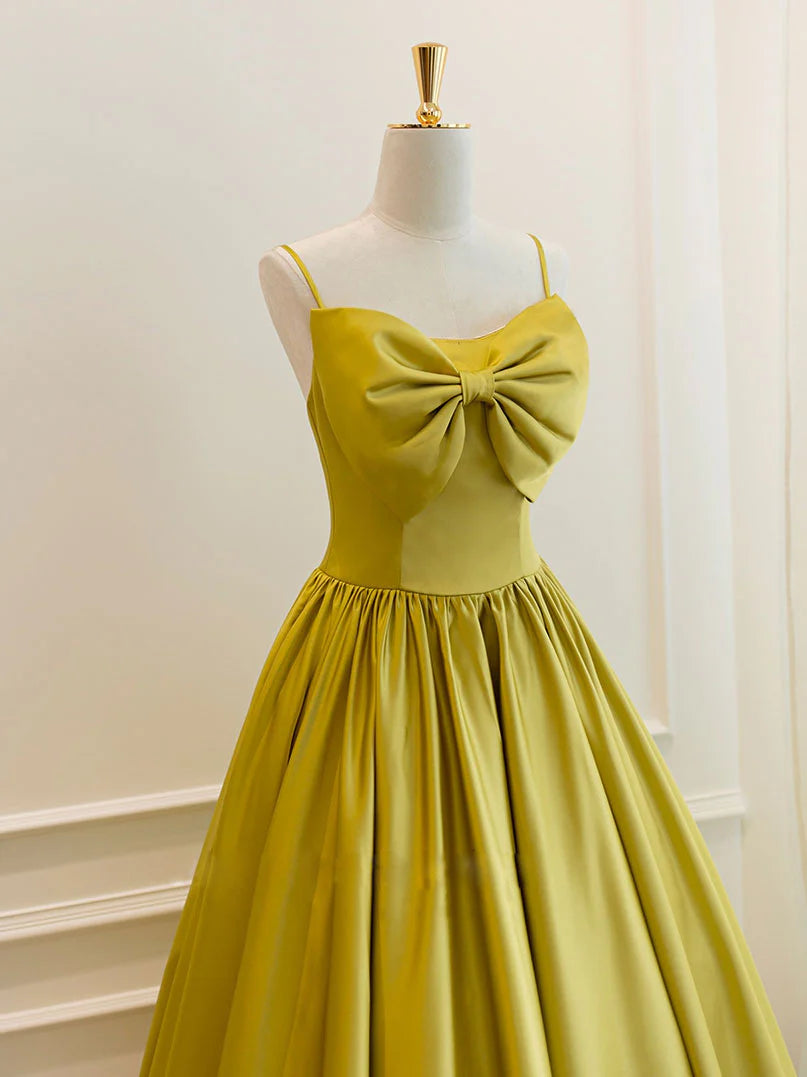 Simple Spaghetti Strap Bow Yellow Satin Tea Length Homecoming Dress SH1742