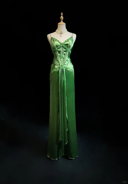 Elegant Green A Line Spaghetti Straps Beaded Pleated Satin Prom Dress Evening Dress SH3335