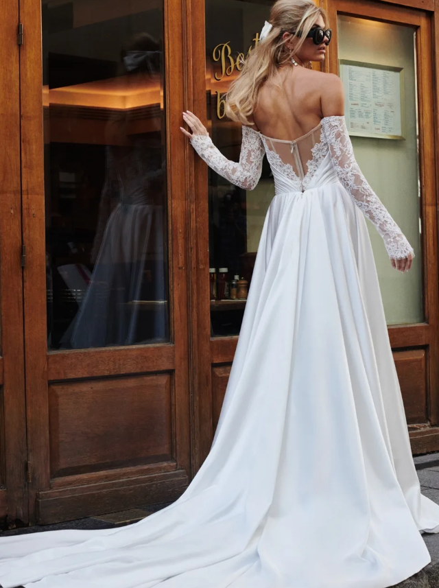 High-class A Line Long Sleeve White Satin Lace Long Wedding Dress SH7105