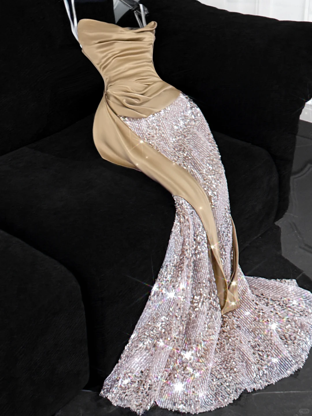 Khaki Mermaid Strapless Sequin Satin Long Prom Dress Evening Dress SH3097