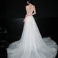 Gentle A Line V Neck Appliques White Tulle Long Wedding Dress SH5956