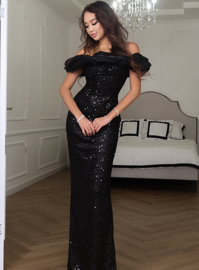 Sexy Black Sheath Off the Shoulder Sequin Prom Dress Formal Dress Party Dress SH3748