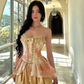 Golden A Line Sweetheart Neck Lace Satin Short Prom Dress Homecoming Dress SH4461