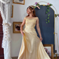 Gold Yellow Vintage Exquisite Beaded Satin Long Prom Dress Wedding Guest Dress SH5385