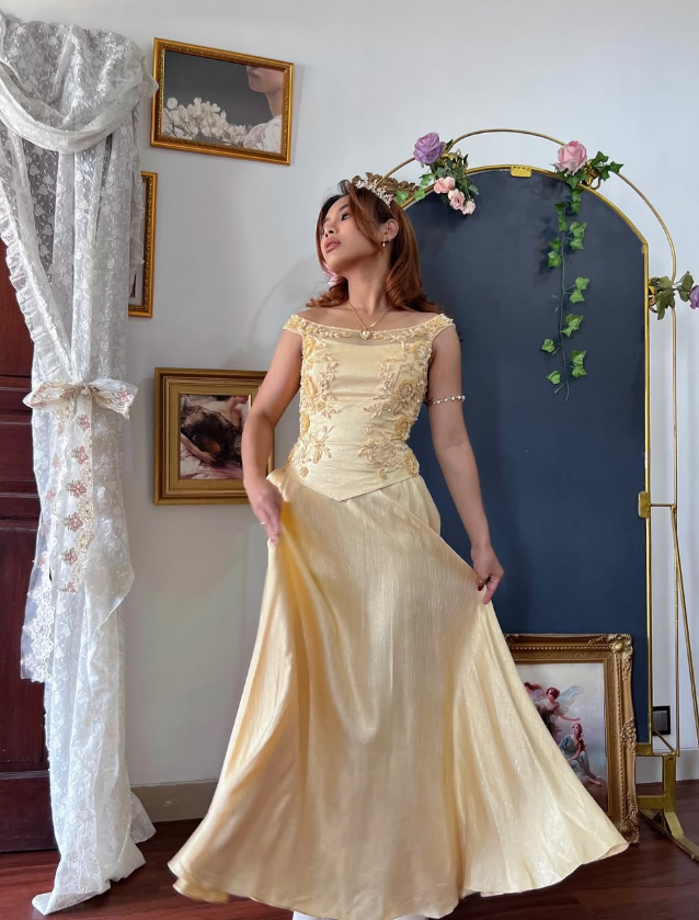 Gold Yellow Vintage Exquisite Beaded Satin Long Prom Dress Wedding Guest Dress SH5385