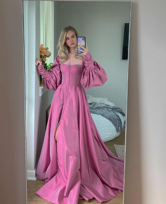 Pink A Line Long Sleeve Satin Long Prom Dress Evening Dress with Slit SH3729