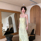 Vintage Light Yellow Sheath Strapless Beaded Satin Prom Dress Wedding Guest Dress SH4559
