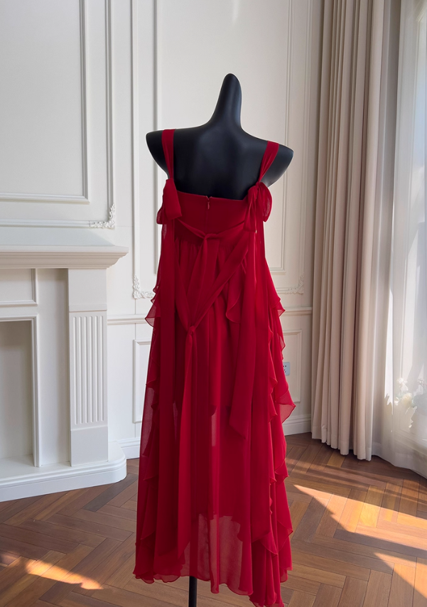 Burgundy Flowy A Line Spaghetti Strap Ruffle Chiffon Prom Dress Vacation Dress SH4502
