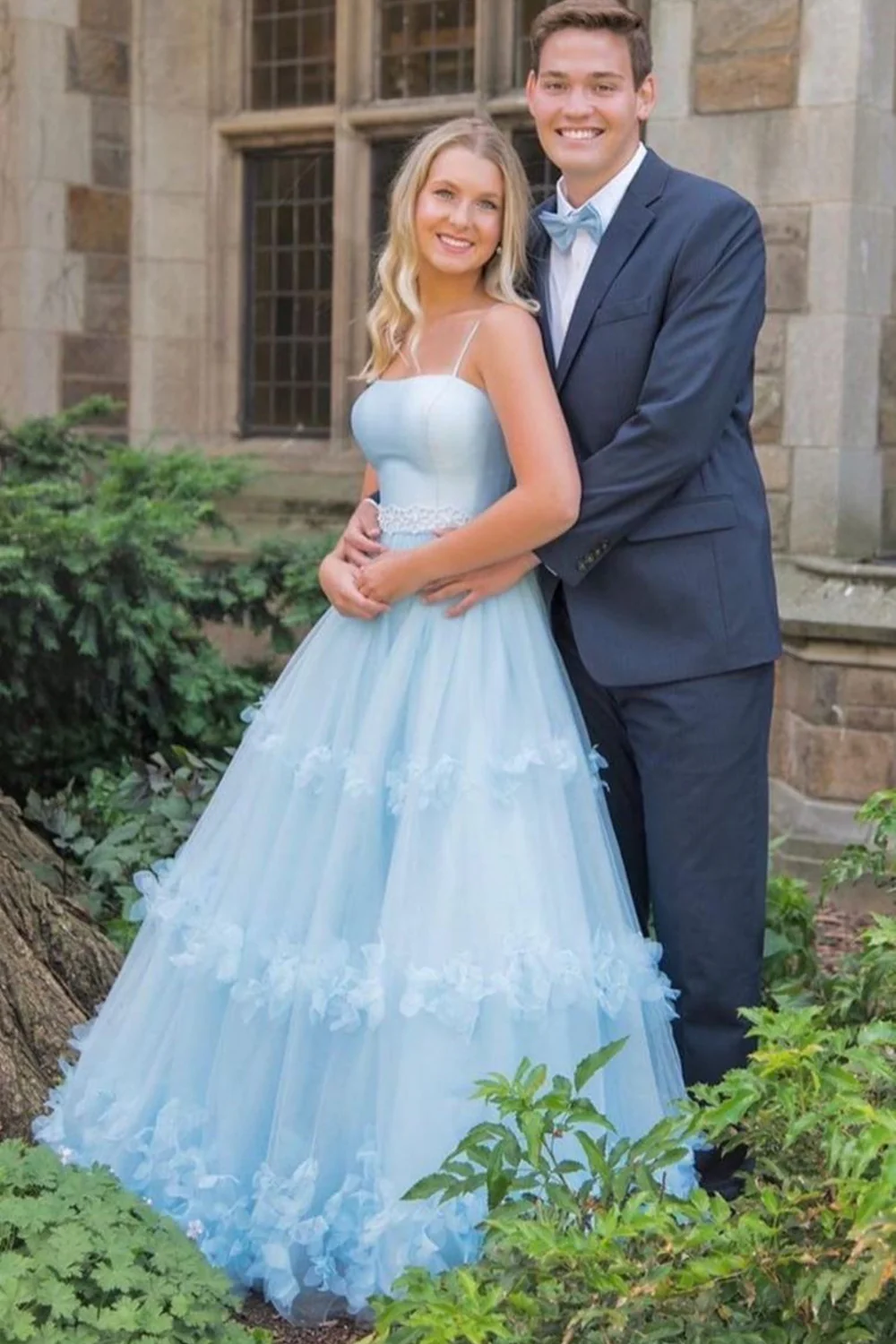 Light Blue Floral Long Prom Dresses Formal Graduation Evening Dresses