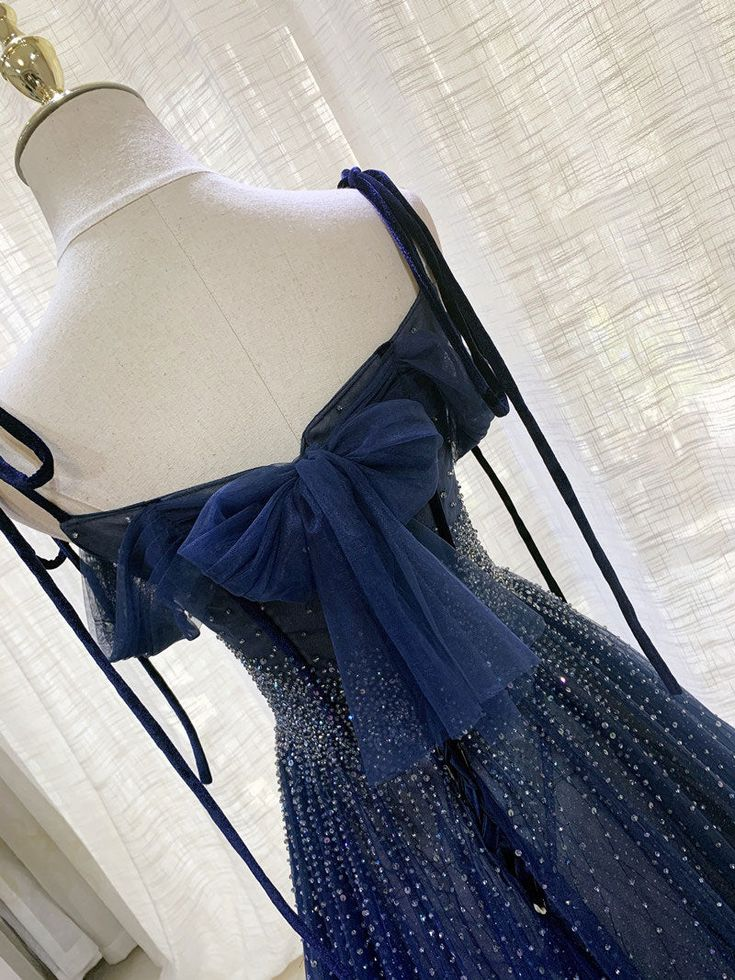 Navy Blue Tulle Beaded Long Prom Dress Evening Dress SH909