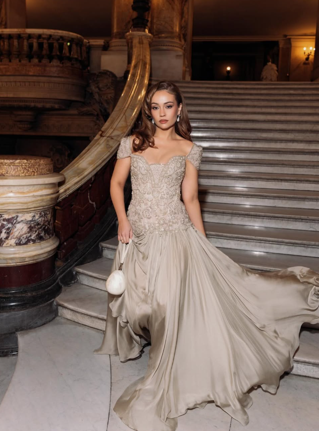 Luxurious A Line Exquisite Beaded Satin Long Graduation Prom Dress Wedding Guest Dress SH5429