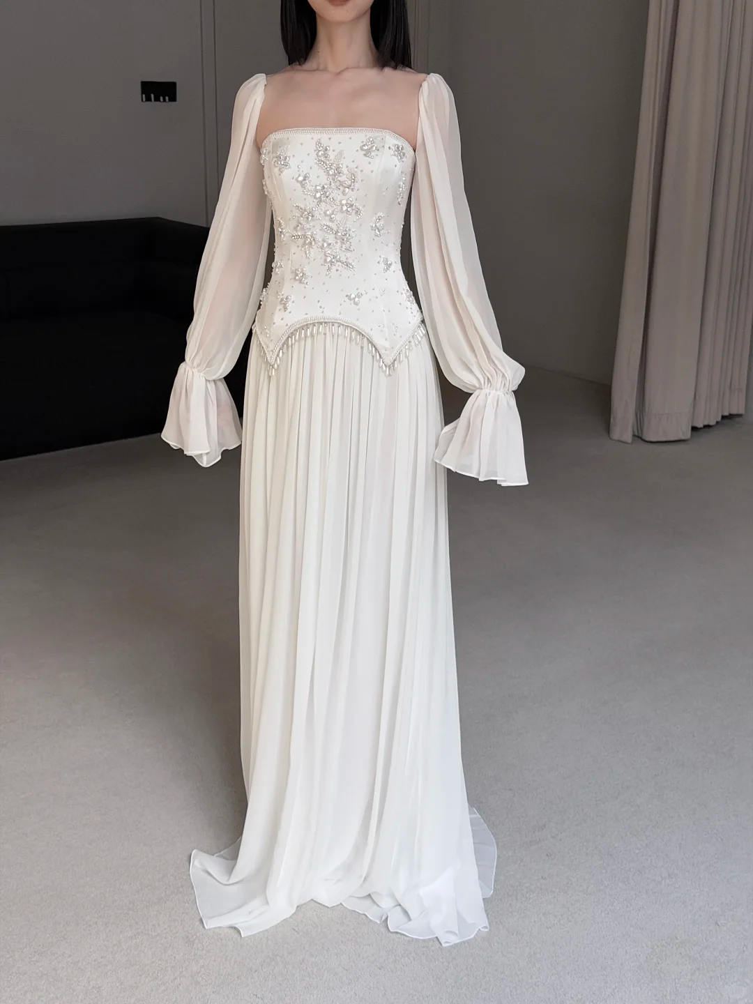 2026 New A Line Long Sleeve Beaded Chiffon Satin Long Wedding Dress SH7710