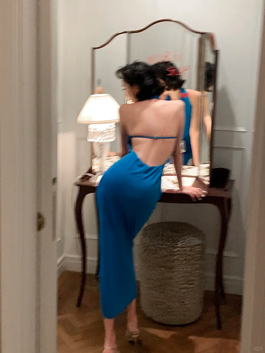 Peacock Blue Sheath Halter Satin Open Back Prom Dress Evening Dress SH4337
