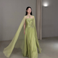 Fresh Green A Line Strapless Beaded Chiffon Long Prom Dress Wedding Guest Dress SH7713