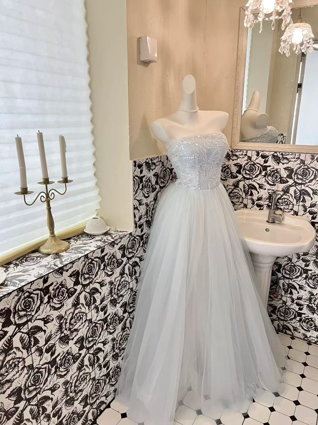 Baby Blue A Line Strapless Beaded Tulle 18th Birthday Dress Prom Dress SH3847