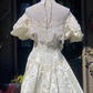 Vintage Ivory A Line Puff Sleeve Lace Print Floral Satin Wedding Dress Prom Dress SH5936