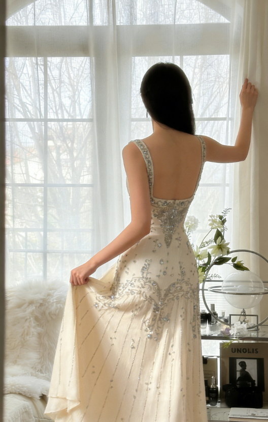Ivory A Line Straps Beaded Chiffon Long Prom Dress Graduation Prom Dress SH2562