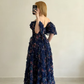 Navy Blue A Line Off the Shoulder Print Floral Tulle Long Prom Dress Evening Dress SH6884