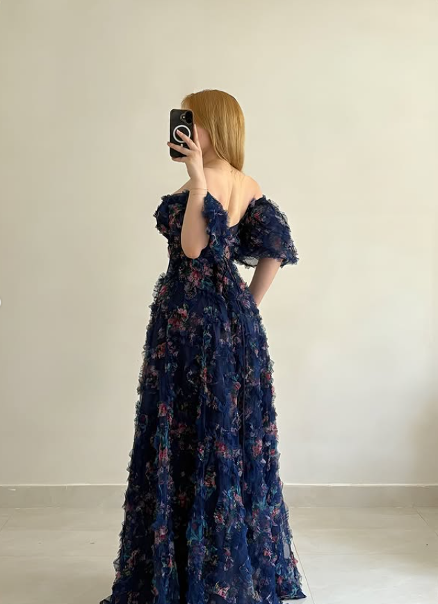 Navy Blue A Line Off the Shoulder Print Floral Tulle Long Prom Dress Evening Dress SH6884