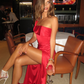 Sexy Red One Shoulder Satin Prom Dress Evening Dress with Slit SH1844