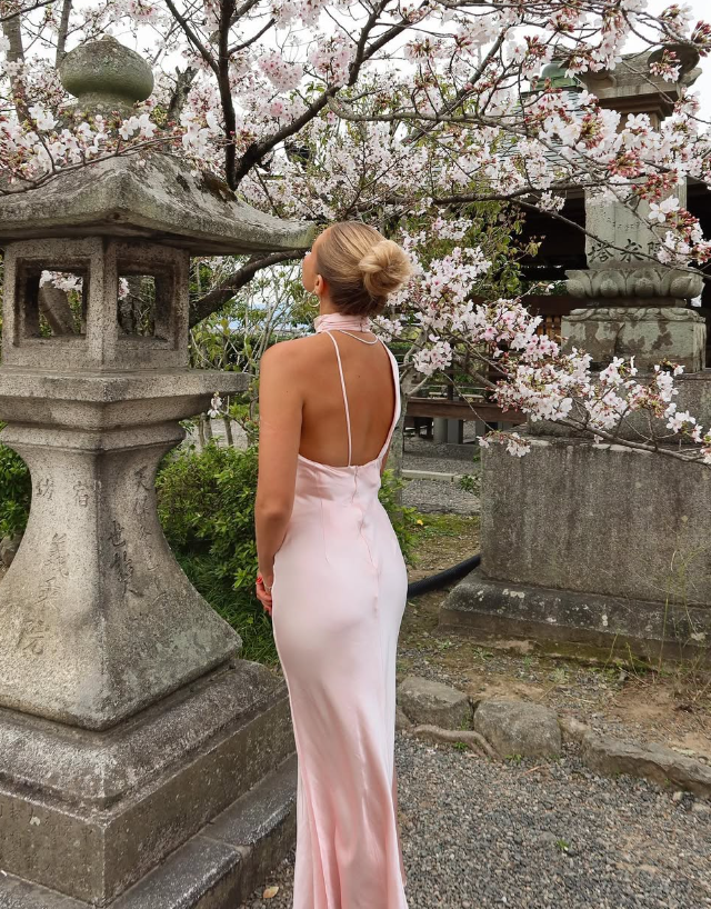 Elegant Mermaid Light Pink Satin Open Back Long Prom Dress Evening Dress SH1982