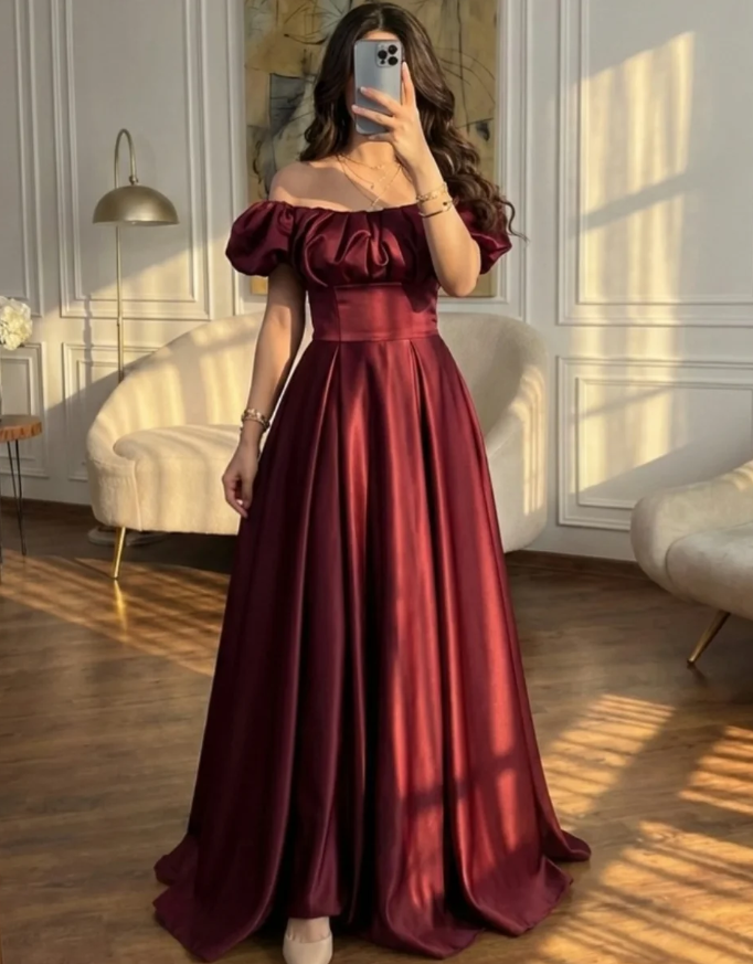 Elegant Burgundy A Line Off the Shoulder Satin Prom Dress Wedding Guest Dress SH5418