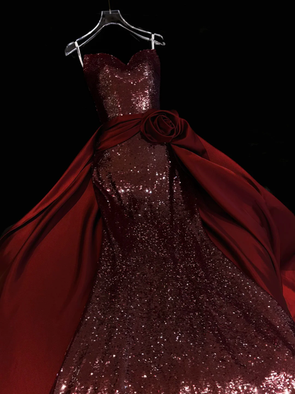 Sexy Mermaid Sweetheart Neck Dark Burgundy Sequin Satin Long Prom Dress Evening Dress SH5010