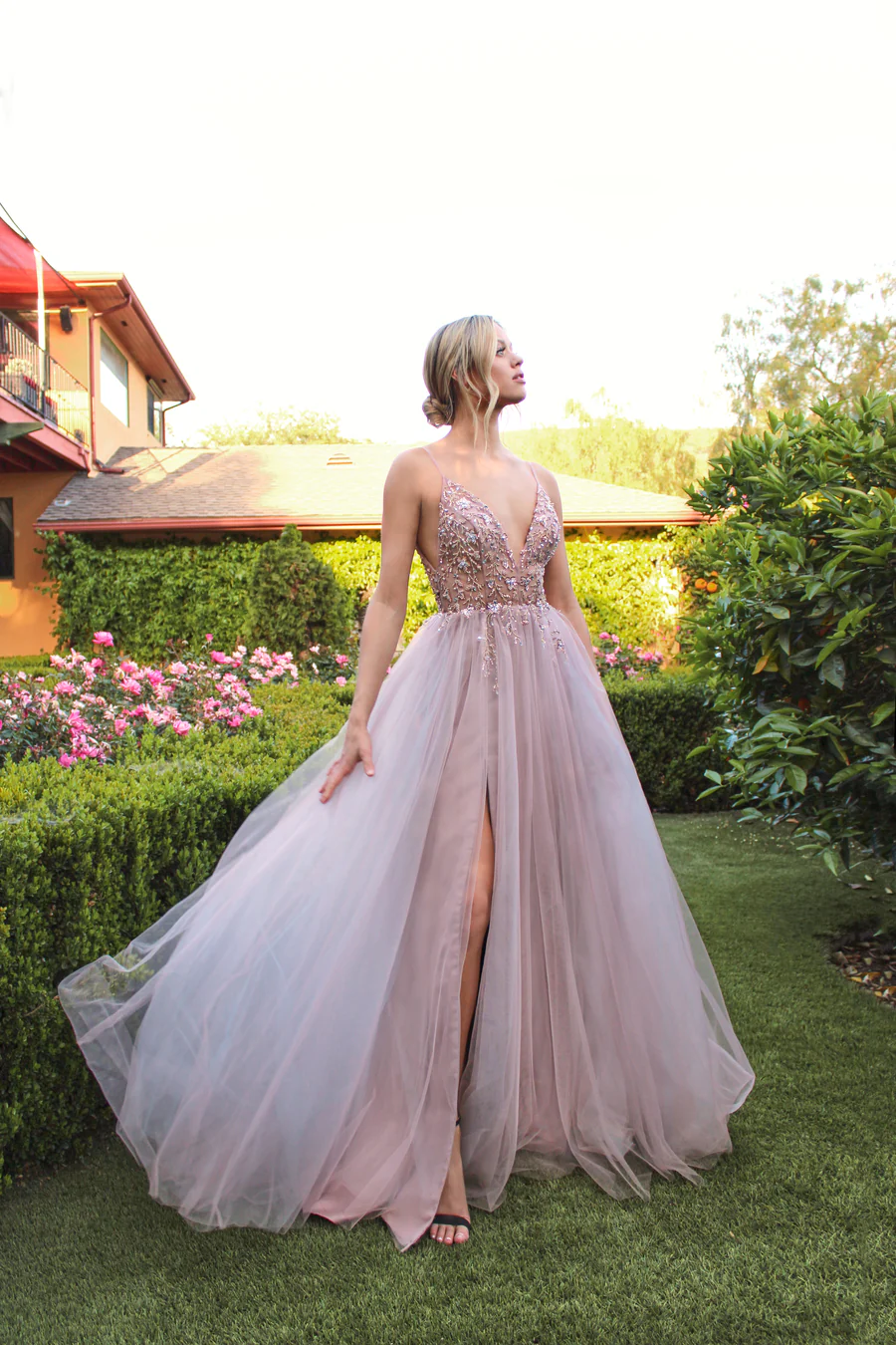 Pink Gentle  Exquisited Beaded Tulle Prom Dress Long Prom Dresses Evening Dress S405