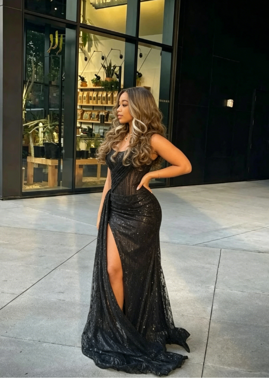 Sexy Black Lace Sequin Slit Long Prom Dress Mermaid Evening Dress SH14   shinydress