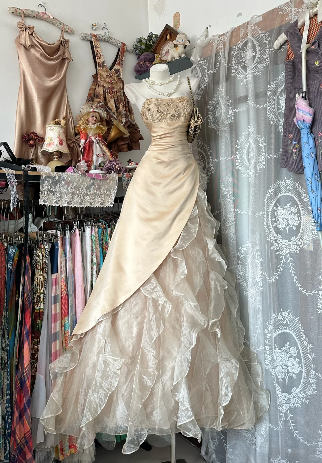 Apricot A Line Strapless Beaded Ruffle Organza Satin Prom Dress Evening Dress SH5622
