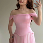 Simple Pink A Line Off the Shoulder Chiffon Satin Prom Dress Wedding Guest Dress SH5420