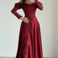 Elegant Burgundy A Line Long Sleeve Lace Satin Prom Dress Wedding Guest Dress SH6012