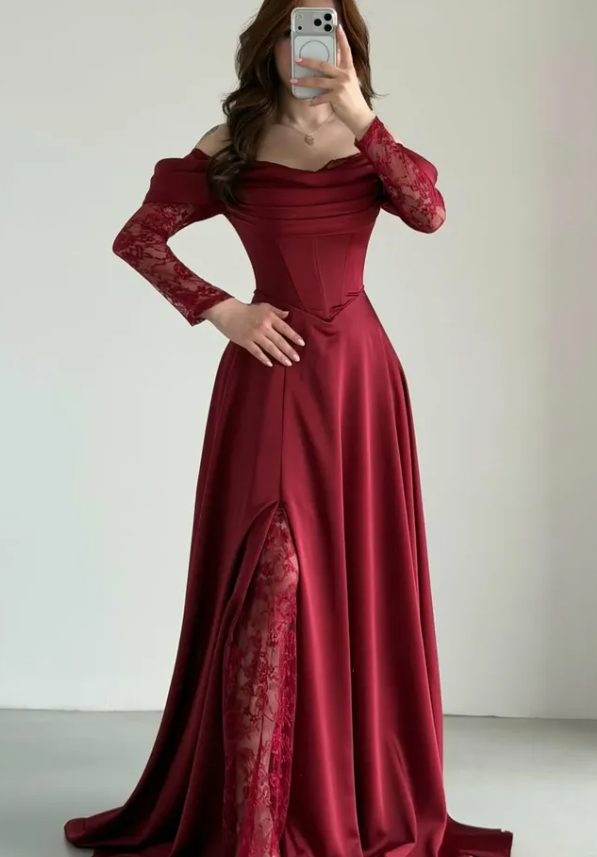 Elegant Burgundy A Line Long Sleeve Lace Satin Prom Dress Wedding Guest Dress SH6012