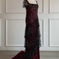 Retro Rose Sheath Straps Beaded Black Tulle Burgundy Satin Long Party Dress Date Dress SH3687
