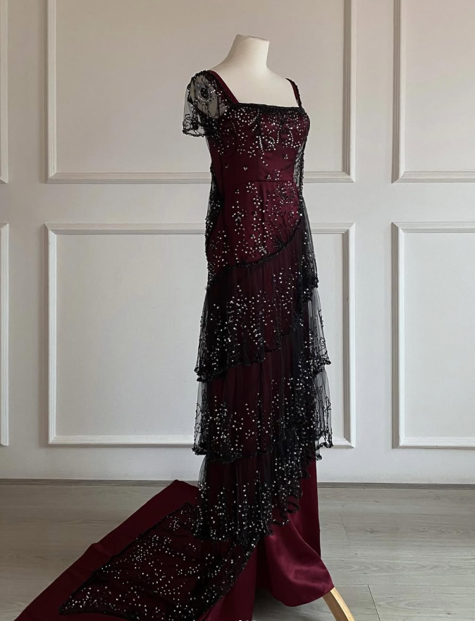 Retro Rose Sheath Straps Beaded Black Tulle Burgundy Satin Long Party Dress Date Dress SH3687
