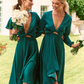 Elegant A Line V Neck Green Satin Short Evening Dress Bridesmaid Dress SH2699