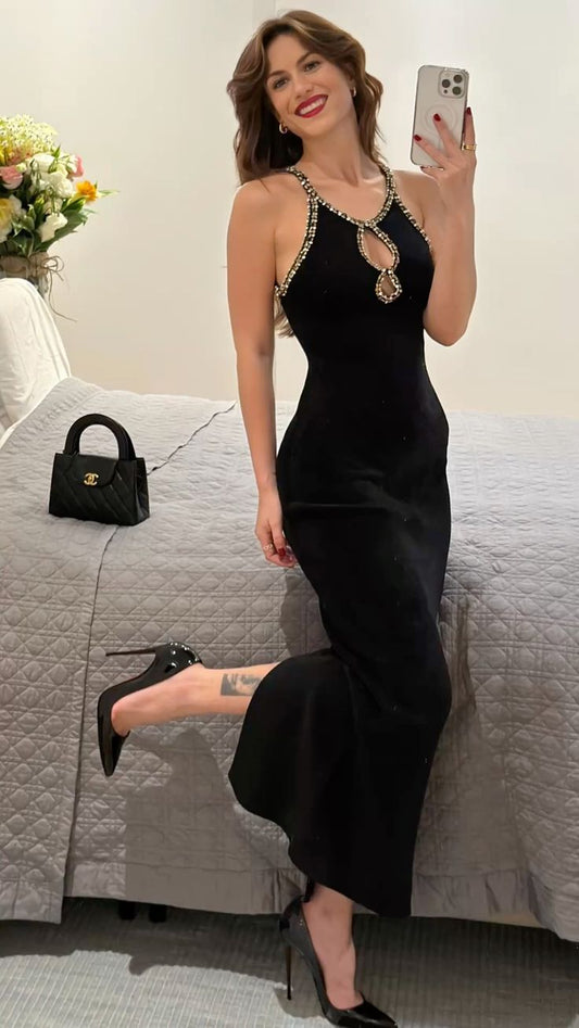 Sexy Black Sheath Straps Beaded Satin Long Party Dress Cocktail Dress Date Dress SH3686