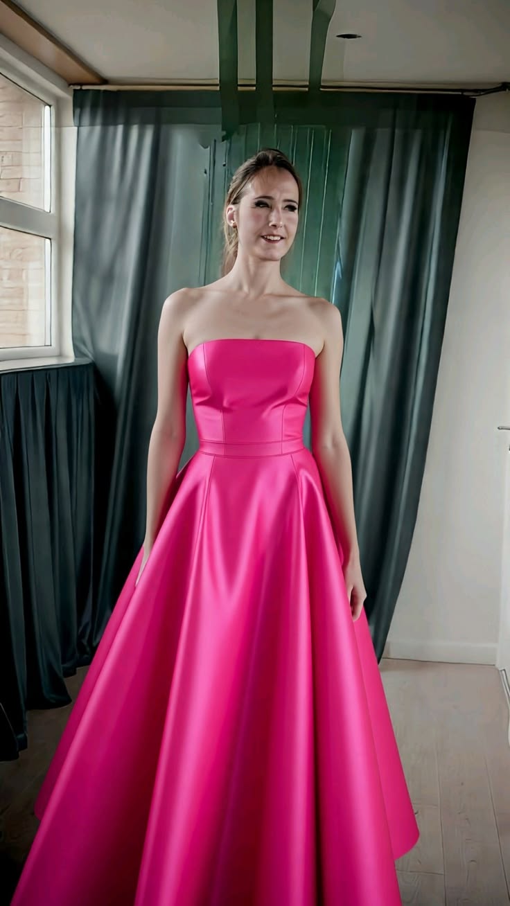Simple Hot Pink A Line Strapless Satin Long Prom Dress Evening Dress SH8844
