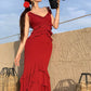 Sexy Burgundy Mermaid Spaghetti Strap Layered Chiffon Formal Gown Evening Dress SH3942