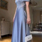 Gentle Baby Blue A Line Puff Lace Satin Long Party Dress Evening Dress Date Dress SH3463