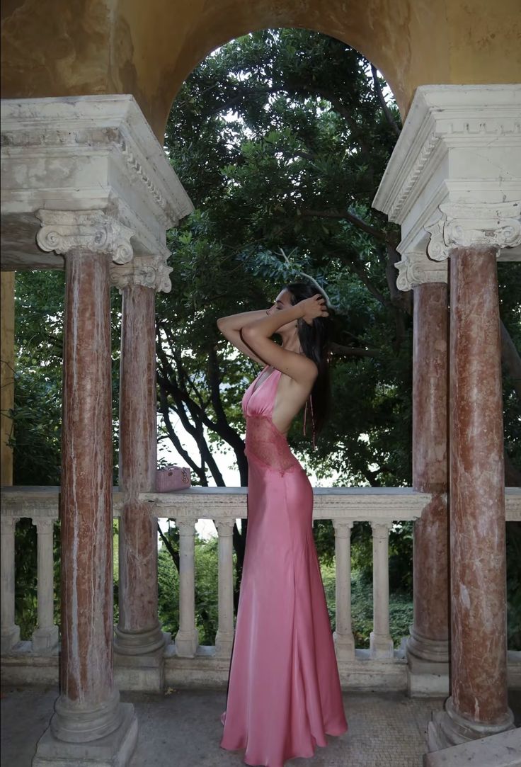 Pink A Line V Neck Lace Satin Long Prom Dress Evening Dress Beach Dress SH5846