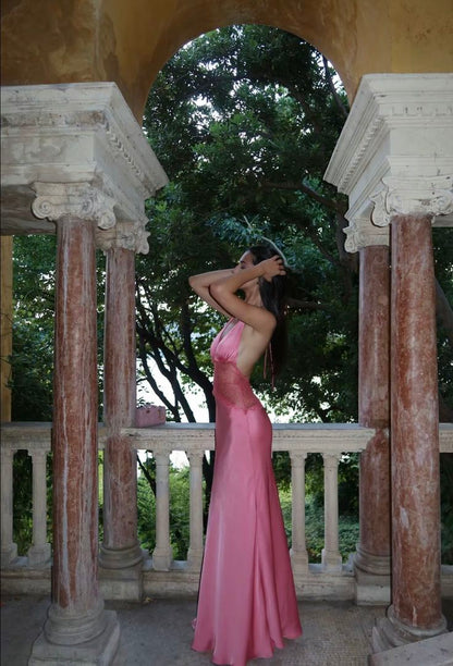 Pink A Line V Neck Lace Satin Long Prom Dress Evening Dress Beach Dress SH5846