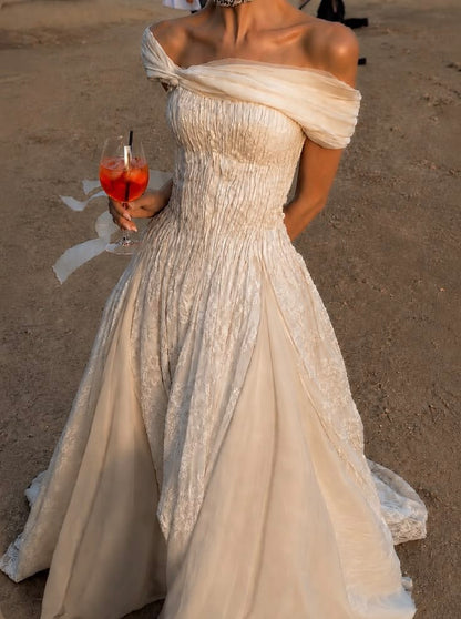 Unique A Line Off the Shoulder Lace Tulle Long Prom Dress Wedding Dress SH7323