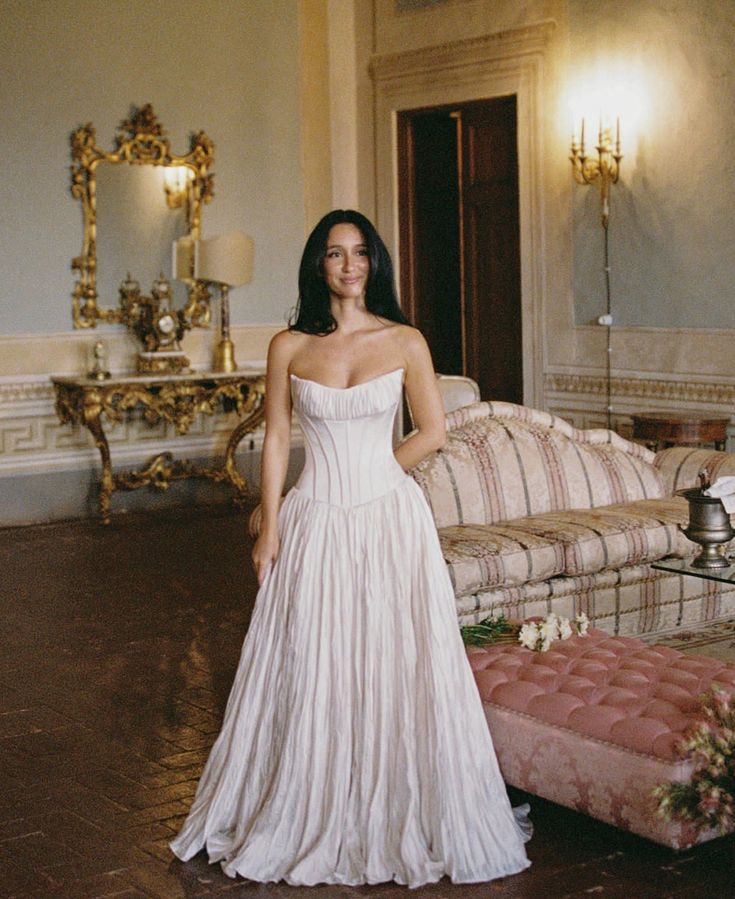 Gentle A Line Strapless Corset White Satin Long Prom Dress Wedding Dress SH7267