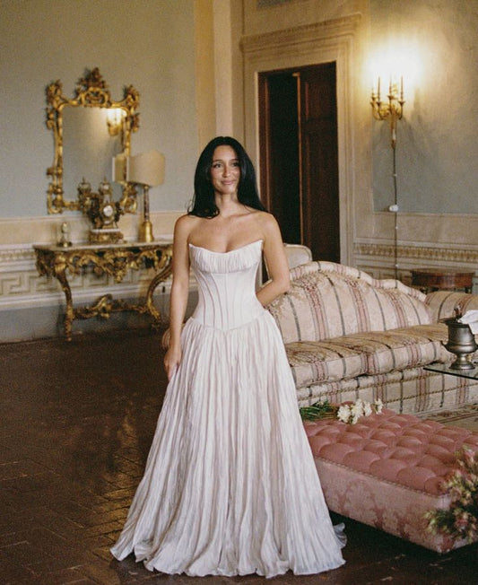 Gentle A Line Strapless Corset White Satin Long Prom Dress Wedding Dress SH7267