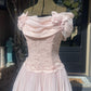 Retro Light Pink A Line Off the Shoulder Lace Chiffon Prom Dress Evening Dress SH5919
