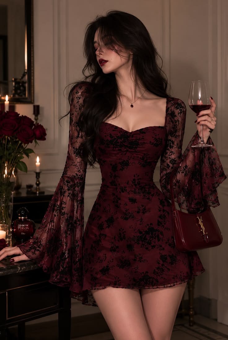 Sexy A Line Long Sleeve Black Lace Burgundy Satin Short Prom Dress Homecoming Dress SH6906