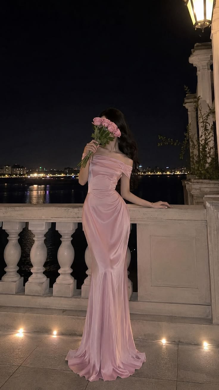 Simple Pink Mermaid Off the Shoulder Satin Prom Dress Evening Dress SH6930